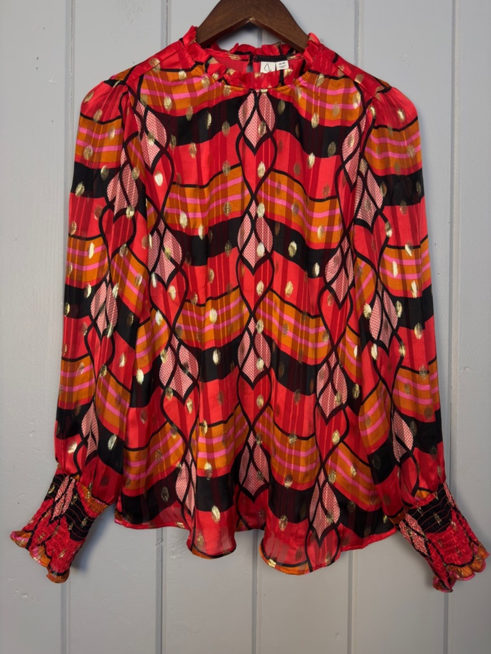 Joie Abstract Print Metallic Dot Blouse Red Gold High Neck Sheer Top Medium